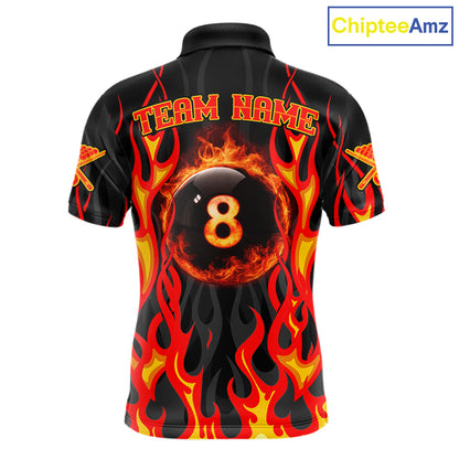 Fire Flame 8 Ball Pool Men Billiard Polo & 1/4-Zip Attire Custom Red Billiard Shirt Designs NYN2412