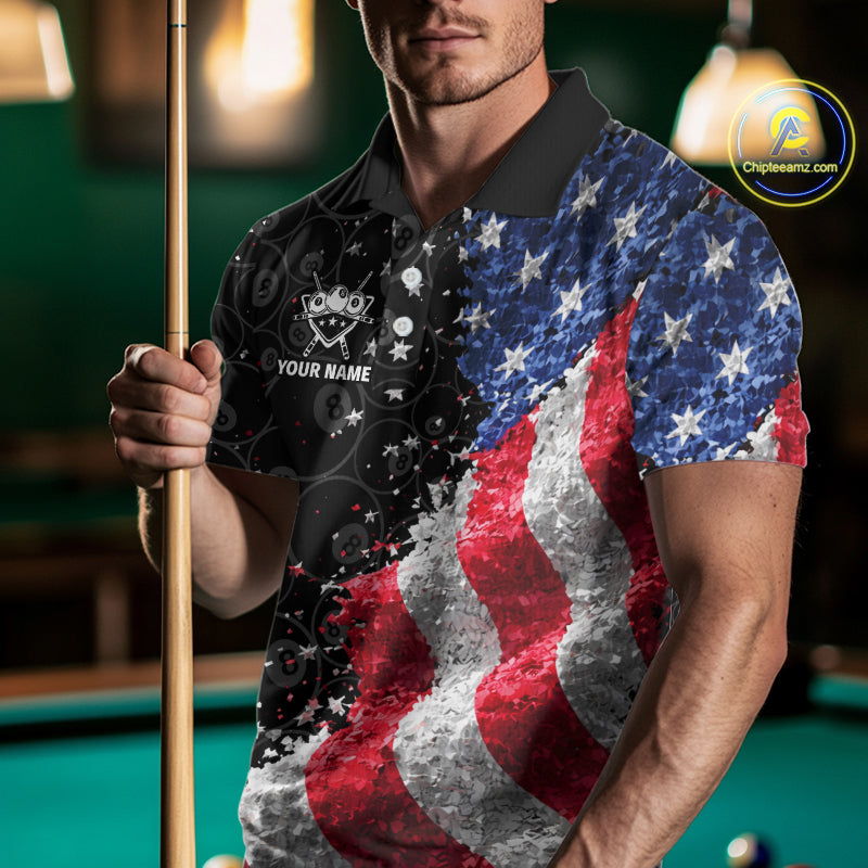 Debris US Flag 8 Ball Pool Polo & 1/4-Zip Shirt For Men Personalized Balls Billiard Gifts NYN2422