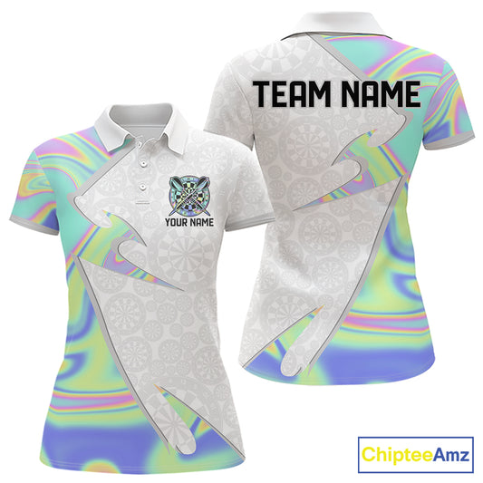 Personalized Green Blue Holographic Dartboard Pattern Women Darts Polo & 1/4-Zip Shirts Dart Team Jerseys NYN2812