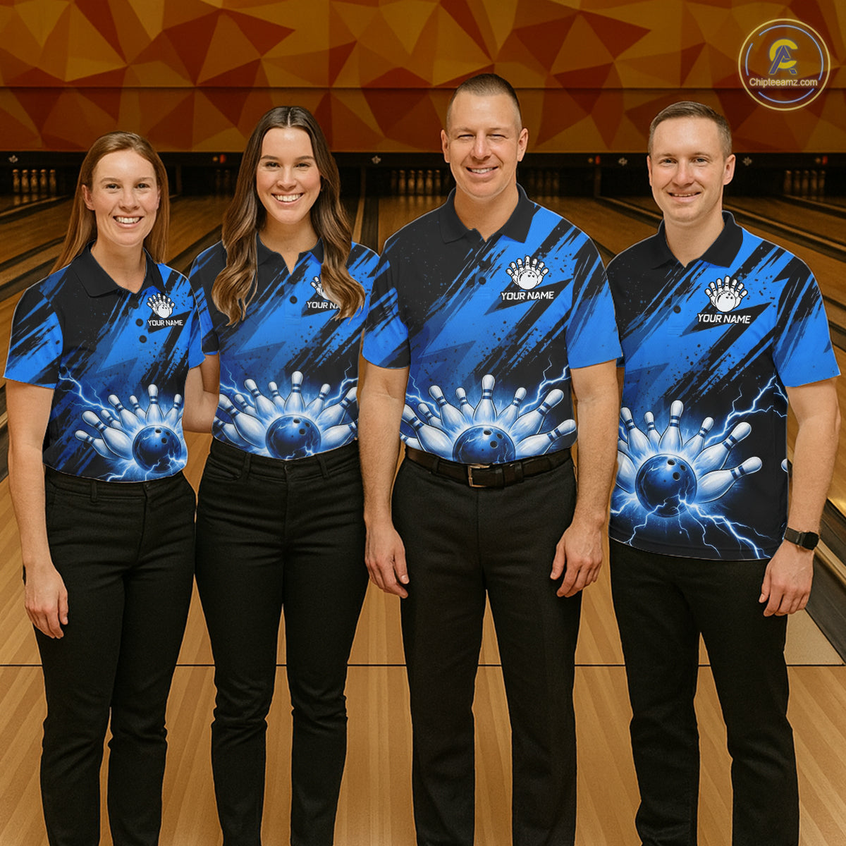 Mens Thunder Lightning Bowling Polo 1/4-Zip Shirts Custom Blue Stripes Team Bowling Jerseys NYN3455