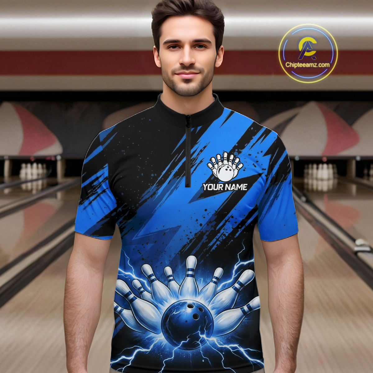 Mens Thunder Lightning Bowling Polo 1/4-Zip Shirts Custom Blue Stripes Team Bowling Jerseys NYN3455
