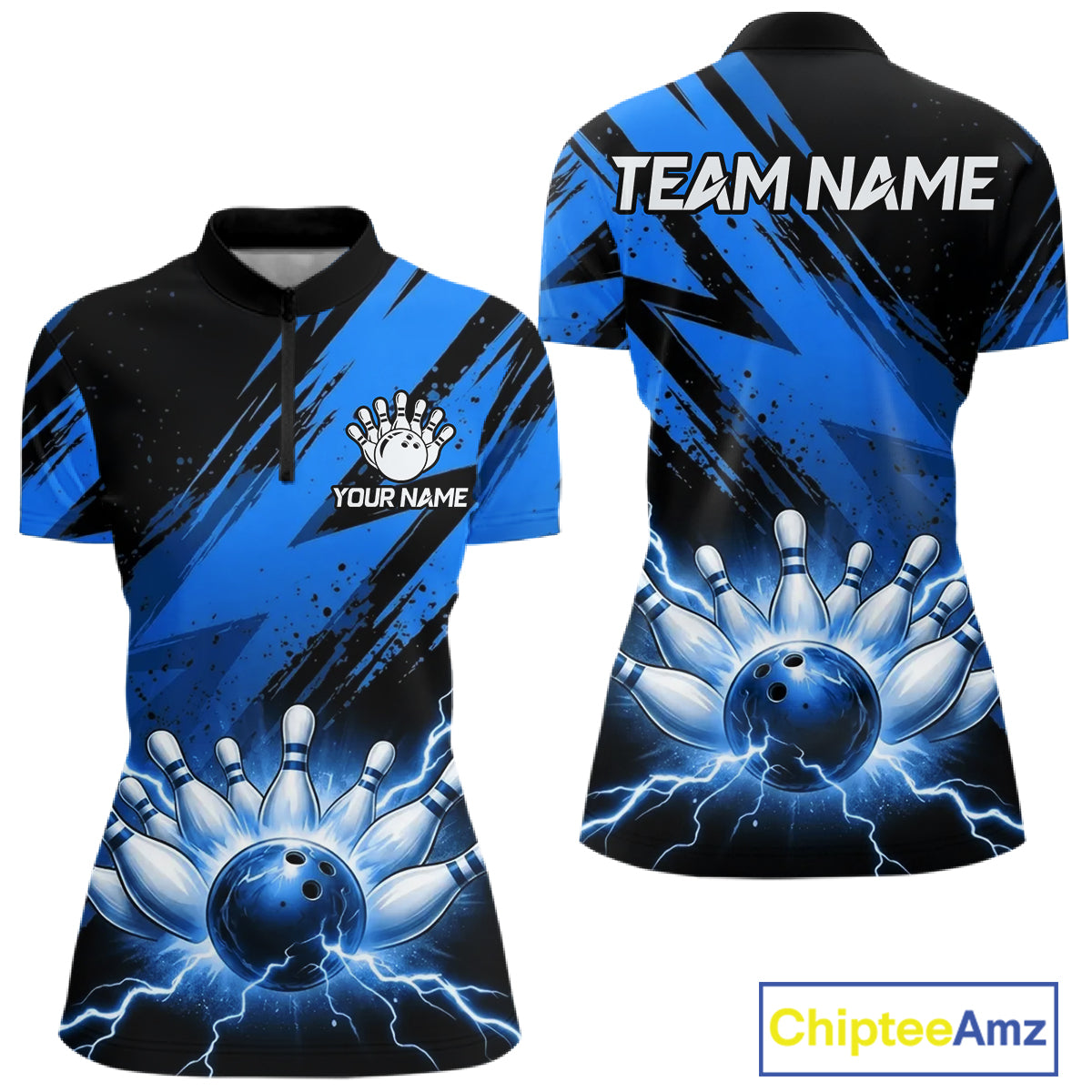 Thunder lightning bowling quarter zip shirt for women blue stripes bowling jersey
