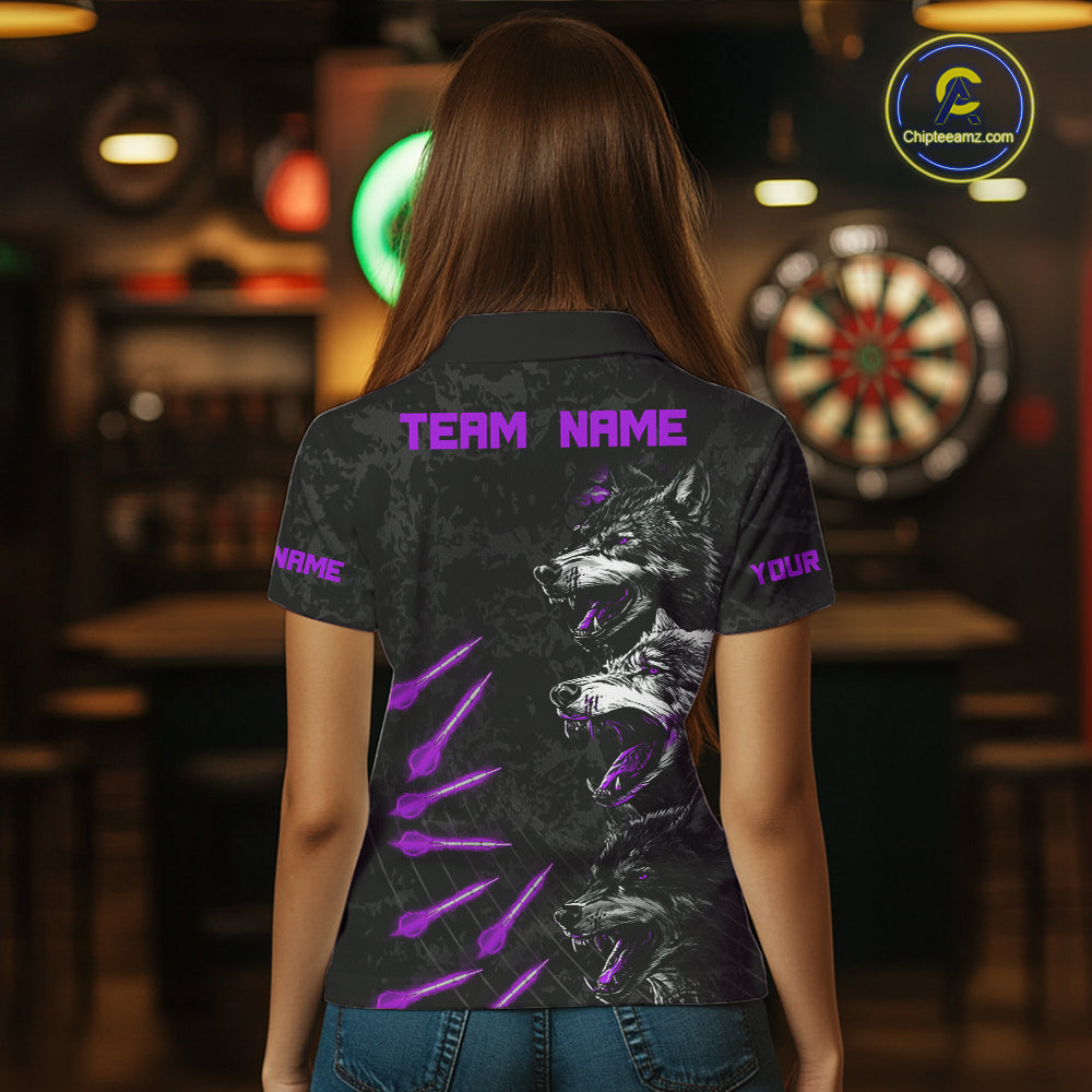 Custom Black And Purple Wolfs Grunge Dart Team Shirts For Women Outfits Dart Tournament Jerseys NYN4015