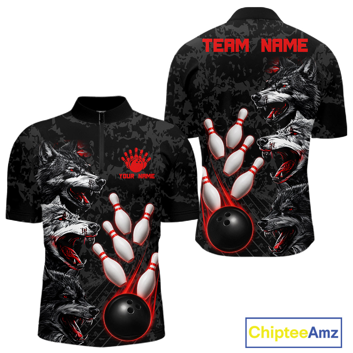 Custom Black And Red Thunder Bowling Team Shirts For Men Funny Wolfs Bowling Tournament Jerseys NYN4016