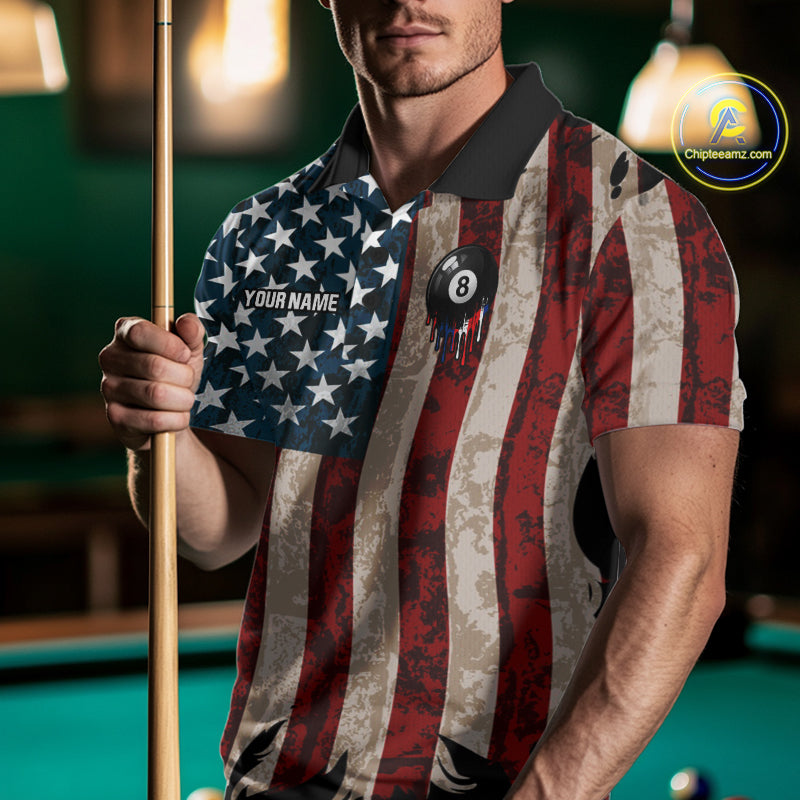 American Flag Retro Mens Billiard Pool Shirt Custom 8 Ball Dripping Patriot Billiards Team Jerseys NYN4018