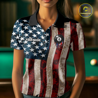 American Flag Retro Womens Billiard Pool Shirt Custom 8 Ball Dripping Patriot Billiards Team Jerseys NYN4018