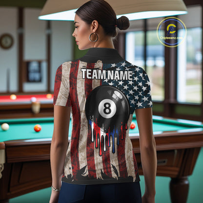 American Flag Retro Womens Billiard Pool Shirt Custom 8 Ball Dripping Patriot Billiards Team Jerseys NYN4018
