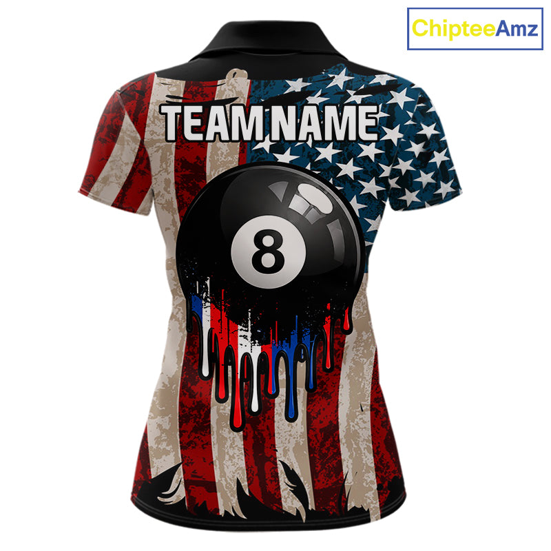 American Flag Retro Womens Billiard Pool Shirt Custom 8 Ball Dripping Patriot Billiards Team Jerseys NYN4018