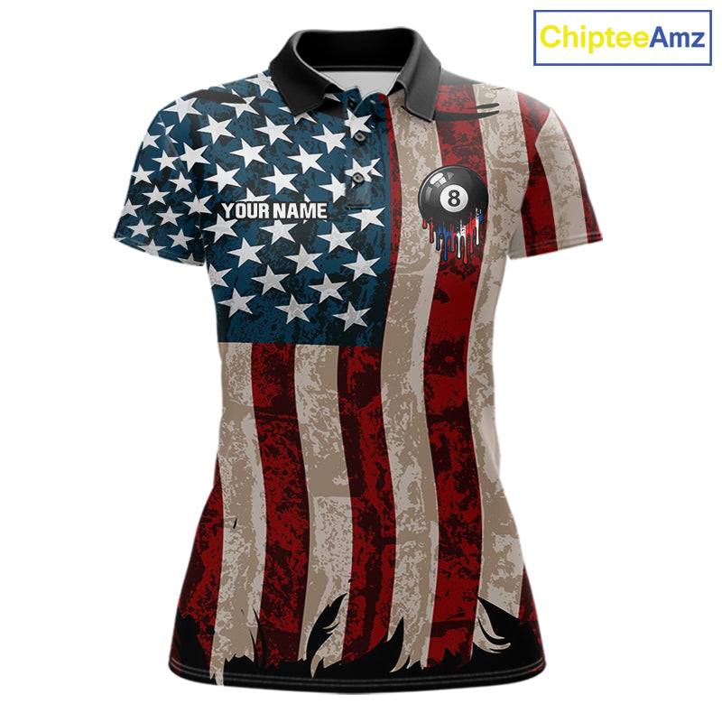 American Flag Retro Womens Billiard Pool Shirt Custom 8 Ball Dripping Patriot Billiards Team Jerseys NYN4018