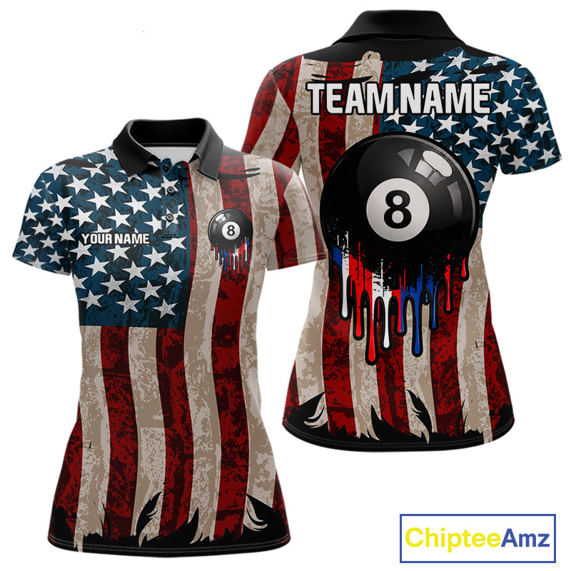 American Flag Retro Womens Billiard Pool Shirt Custom 8 Ball Dripping Patriot Billiards Team Jerseys NYN4018
