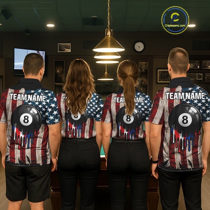 American Flag Retro Womens Billiard Pool Shirt Custom 8 Ball Dripping Patriot Billiards Team Jerseys NYN4018