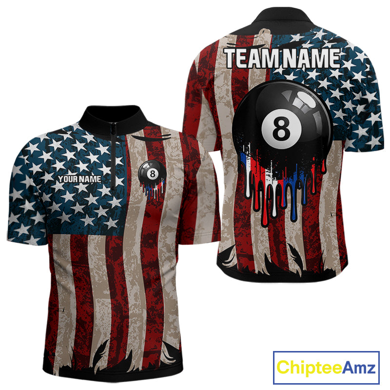 American Flag Retro Mens Billiard Pool Shirt Custom 8 Ball Dripping Patriot Billiards Team Jerseys NYN4018