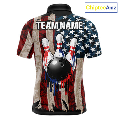 USA Flag Retro Patriot Bowling Team Shirt Custom Dripping Bowling Pins & Ball Mens Bowling Jersey NYN4019