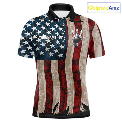 USA Flag Retro Patriot Bowling Team Shirt Custom Dripping Bowling Pins & Ball Mens Bowling Jersey NYN4019
