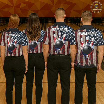 USA Flag Retro Patriot Bowling Team Shirt Custom Dripping Bowling Pins & Ball Mens Bowling Jersey NYN4019