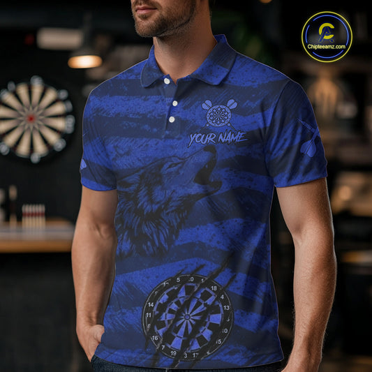 Custom Blue Grunge Wolf Torn Dartboard Men Darts Polo Shirt Wolf Dart League Jerseys NYN2168