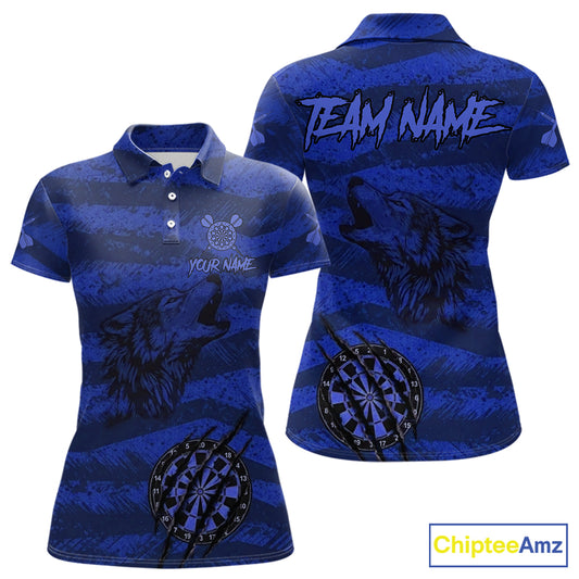 Custom Blue Grunge Wolf Torn Dartboard Women Darts Polo Shirt Wolf Dart League Jerseys NYN2168
