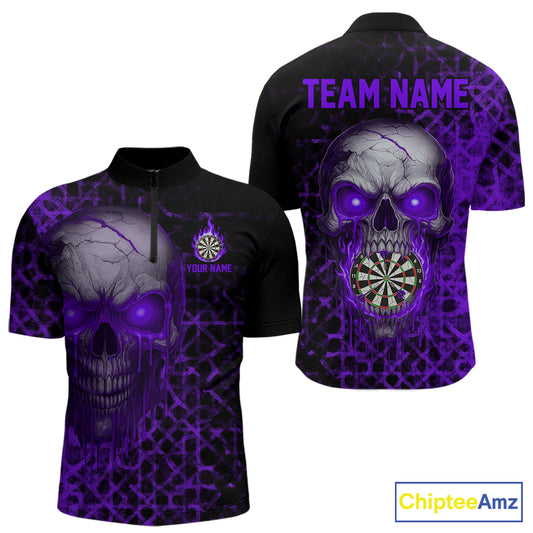 Custom Purple Dripping Skull Darts Quarter-Zip Shirt For Men Fire Flame Skull Dart League Jerseys NYN2174
