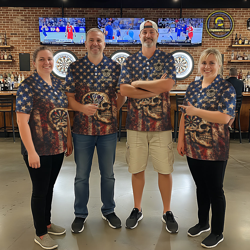 US Flag Retro Cracked Skull Dartboard Women Darts Quarter-Zip Shirt Custom Patriotic Vintage Dart Shirt NYN2660