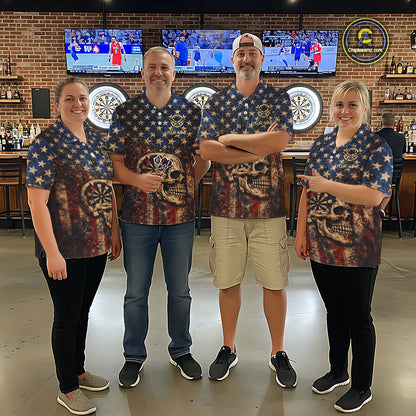 US Flag Retro Cracked Skull Dartboard Women Darts Quarter-Zip Shirt Custom Patriotic Vintage Dart Shirt NYN2660