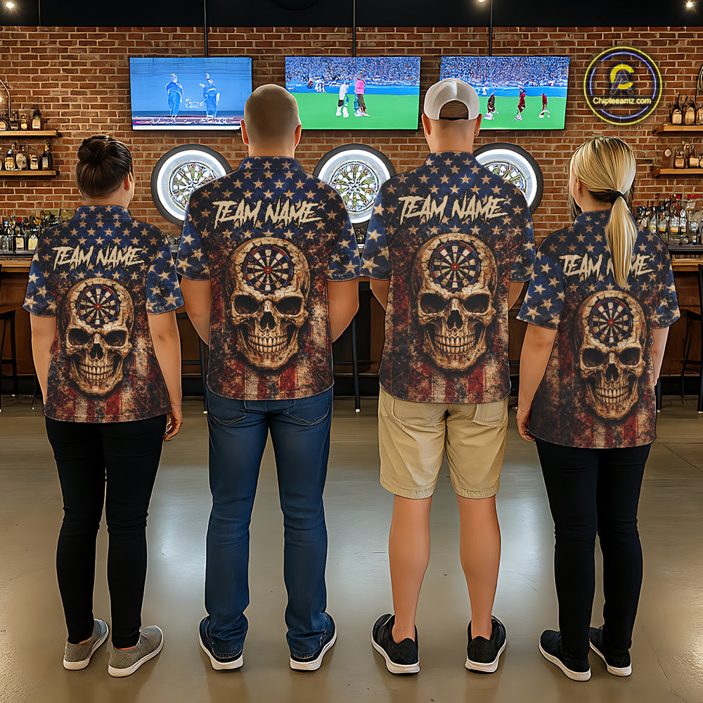 US Flag Retro Cracked Skull Dartboard Women Darts Quarter-Zip Shirt Custom Patriotic Vintage Dart Shirt NYN2660