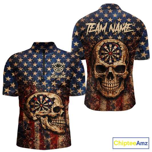 US Flag Retro Cracked Skull Dartboard Men Darts Quarter-Zip Shirt Custom Patriotic Vintage Dart Shirt NYN2660