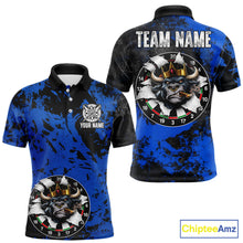 Load image into Gallery viewer, Personalized Black &amp; Grunge Crown Blue Funny Bull Cracked Darts Shirts For Men Dart Team Jerseys NYN2817