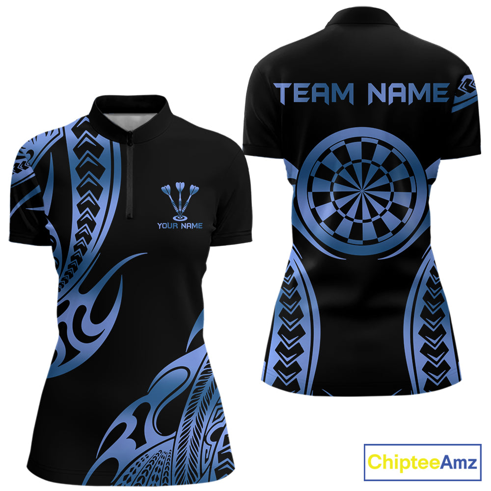 Custom Black & Light Blue Dartboard & Arrow Darts Polo & 1/4-Zip Shirts For Women Dart Team Jerseys NYN2820
