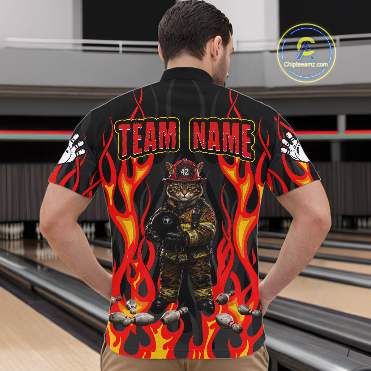Personalized Funny Cat Firefighter Fire Flame Men Bowling Shirt Custom Team Shirts For Bowlers NYN3191