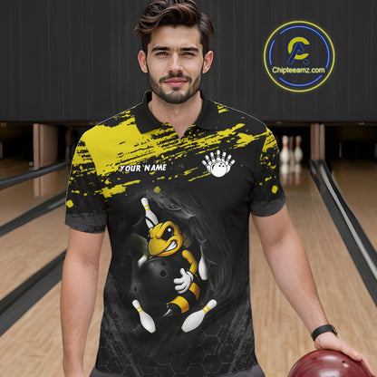 Custom Angry Bee Bowling Shirt Funny Bowling Team League Yellow Grunge Bowling Jersey For Men  NYN3193
