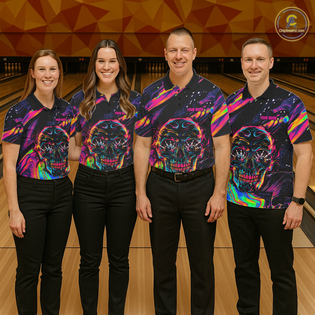 Custom Skull Holographic Bowling Shirt Bowling Team League Colorful Splatter Bowling Shirt For Men  NYN3194