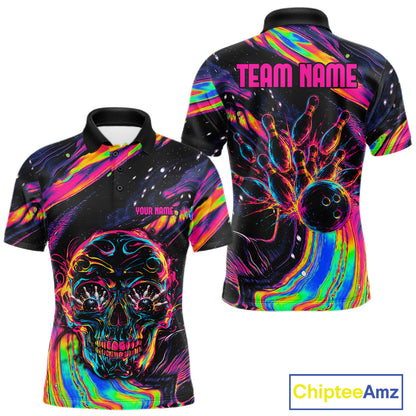 Custom Skull Holographic Bowling Shirt Bowling Team League Colorful Splatter Bowling Shirt For Men  NYN3194