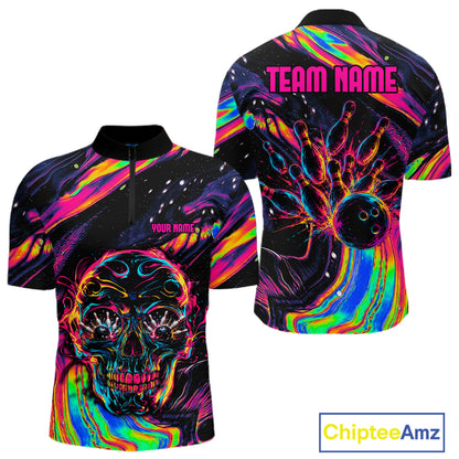 Custom Skull Holographic Bowling Shirt Bowling Team League Colorful Splatter Bowling Shirt For Men  NYN3194
