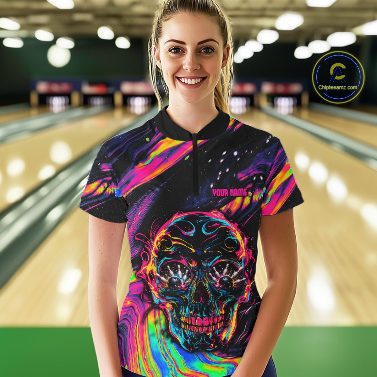 Custom Skull Holographic Bowling Shirt Bowling Team League Colorful Splatter Bowling Shirt For Women NYN3194