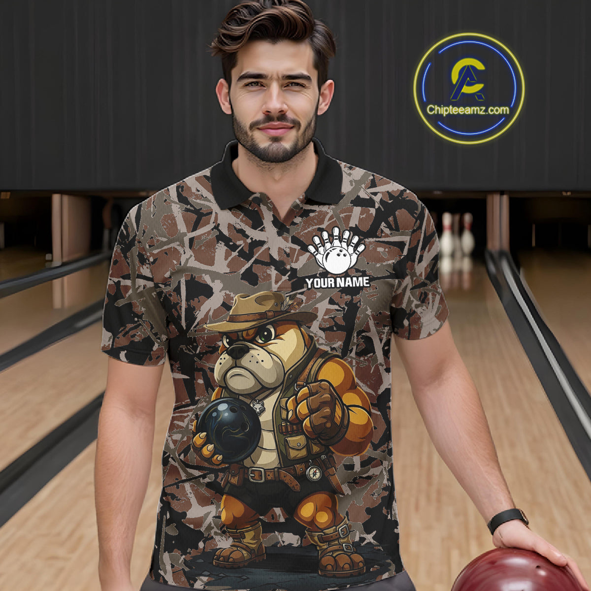Hunting Bulldog Bowling Shirts For Men Custom Camo Bowling Team Jerseys Funny Bowling Attire NYN3196