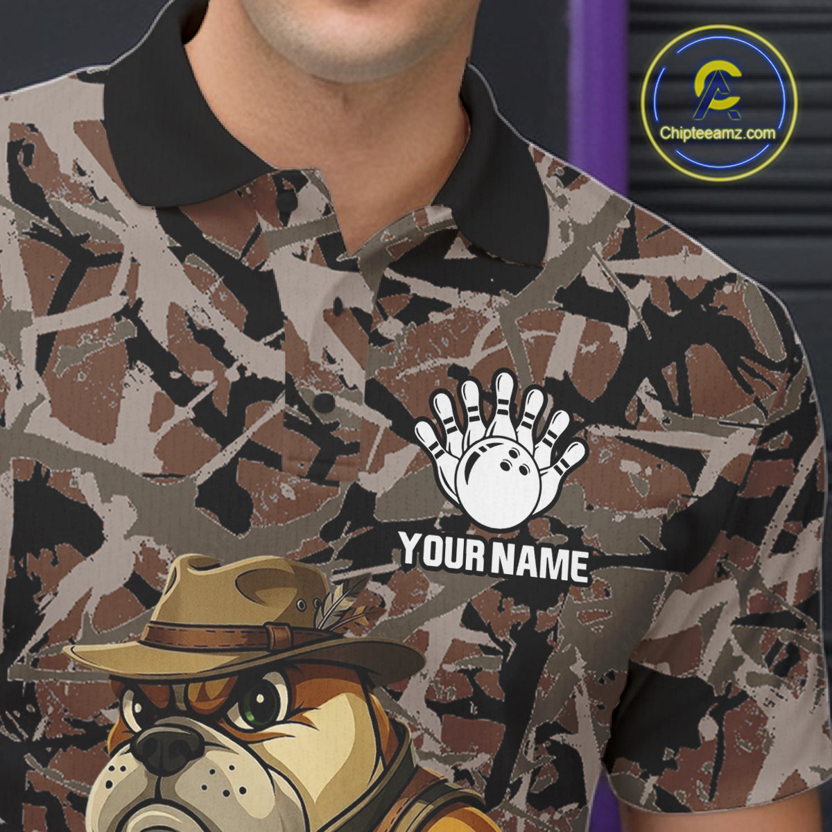 Hunting Bulldog Bowling Shirts For Men Custom Camo Bowling Team Jerseys Funny Bowling Attire NYN3196