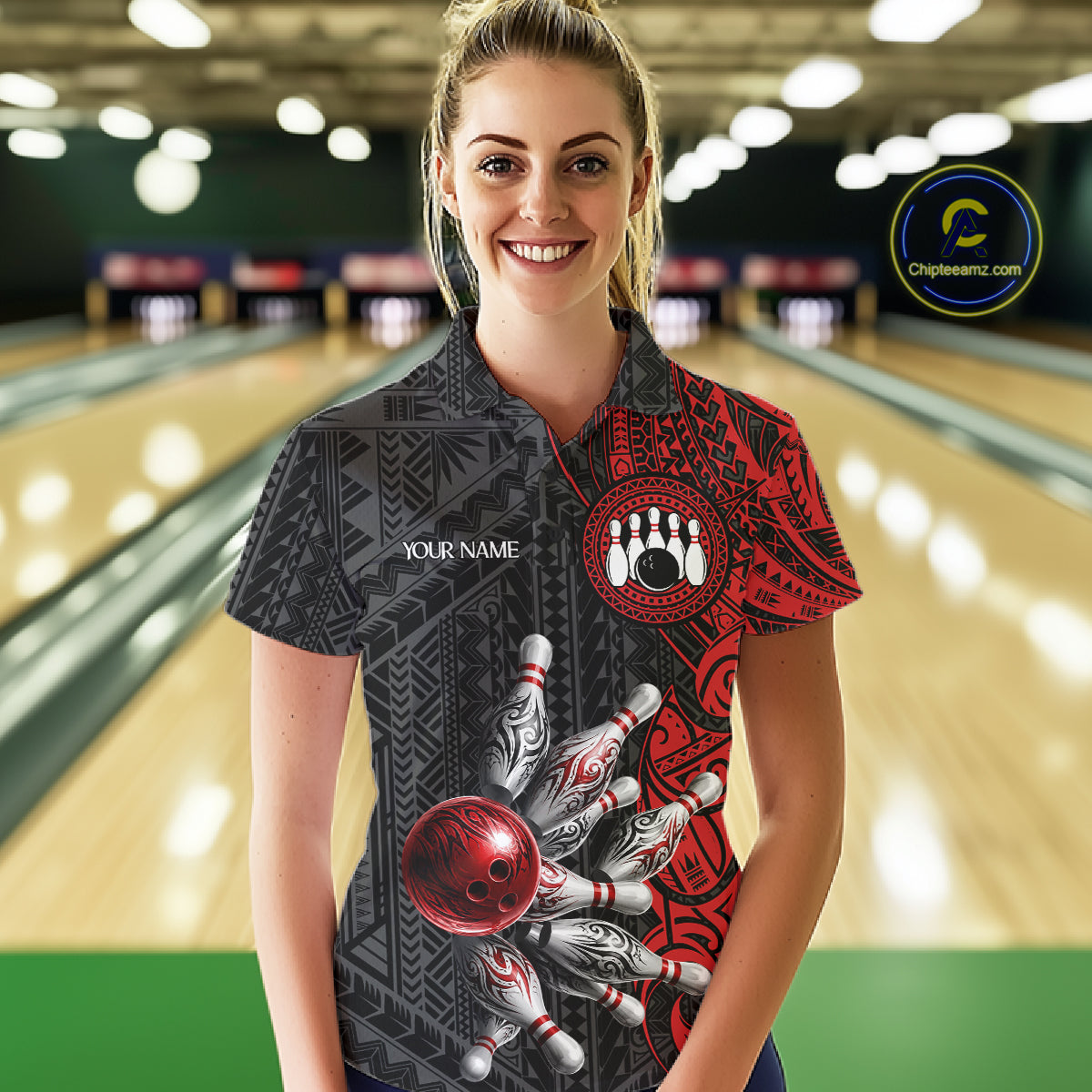 Red And Black Polynesian Tribal Bowling Ball & Pins Shirt For Women Custom Bowling Team Shirts Outfit NYN3201