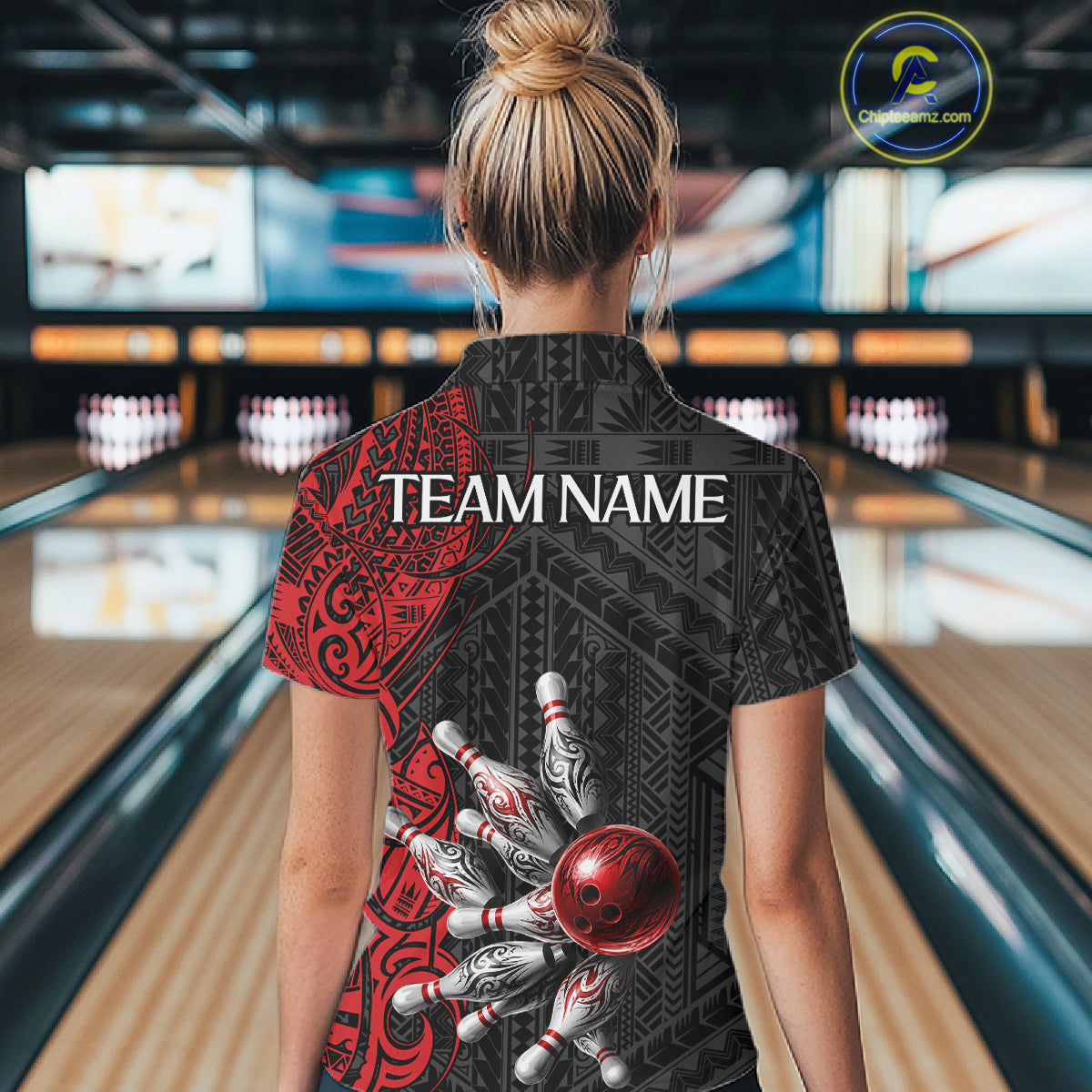 Red And Black Polynesian Tribal Bowling Ball & Pins Shirt For Women Custom Bowling Team Shirts Outfit NYN3201