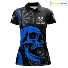 Load image into Gallery viewer, Personalized Black Blue Skull Women's Darts Polo Shirt Mockup, Skull Dart Tournament Jersey, Custom League Apparel