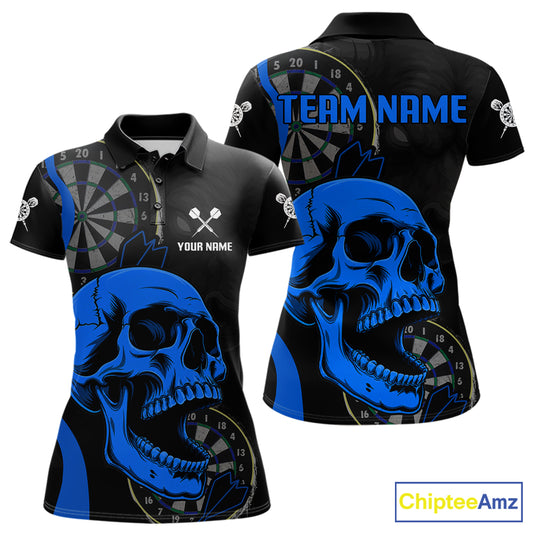 Personalized Black Blue Skull Women's Darts Polo Shirt Mockup, Skull Dart Tournament Jersey, Custom League Apparel