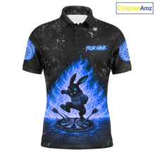 Load image into Gallery viewer, Crazy Rabbit Fire Flame Men's Darts Polo Shirt Mockup, Blue Dart League Jersey, Personalized Tournament Shirt