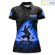 Load image into Gallery viewer, Crazy Rabbit Fire Flame Women's Darts Polo Shirt Mockup, Blue Custom Dartboard Tournament Jersey, Personalized Team Apparel