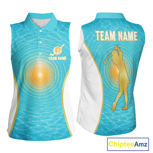 White, Gold And Blue Ocean Golf Sleeveless Polo Shirts For Women Custom Summer Golf Team Jersey, Golf Gifts NYN4032