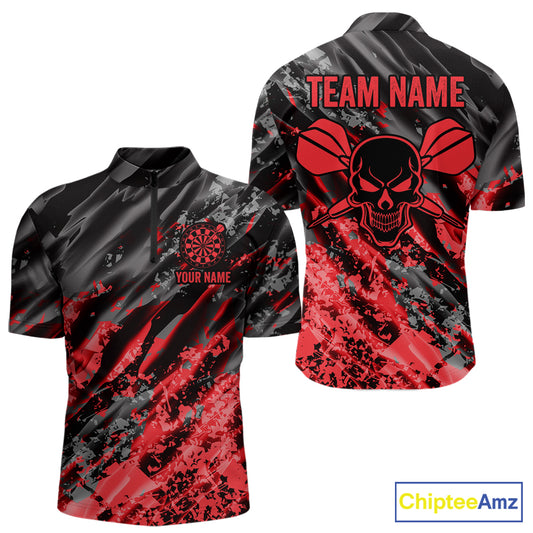 Custom Streaks Red And Grey Skull Men Darts Quarter-Zip Team Shirt Skull Dart League Jerseys NYN2179