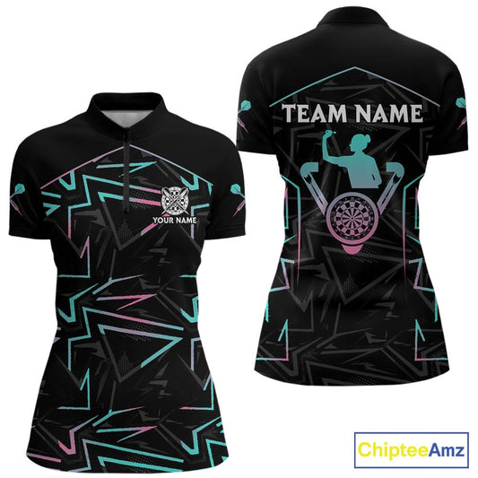 Blue And Pink Lines Human Plays Darts 1/4-Zip Shirts For Women Personalized Dart Team Jerseys NYN2448