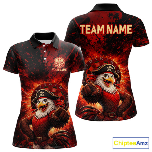 Funny Pirate Rooster Women Darts Polo & 1/4-Zip Shirt Personalized Red Splatter Paint Dart Team Jersey NYN3031