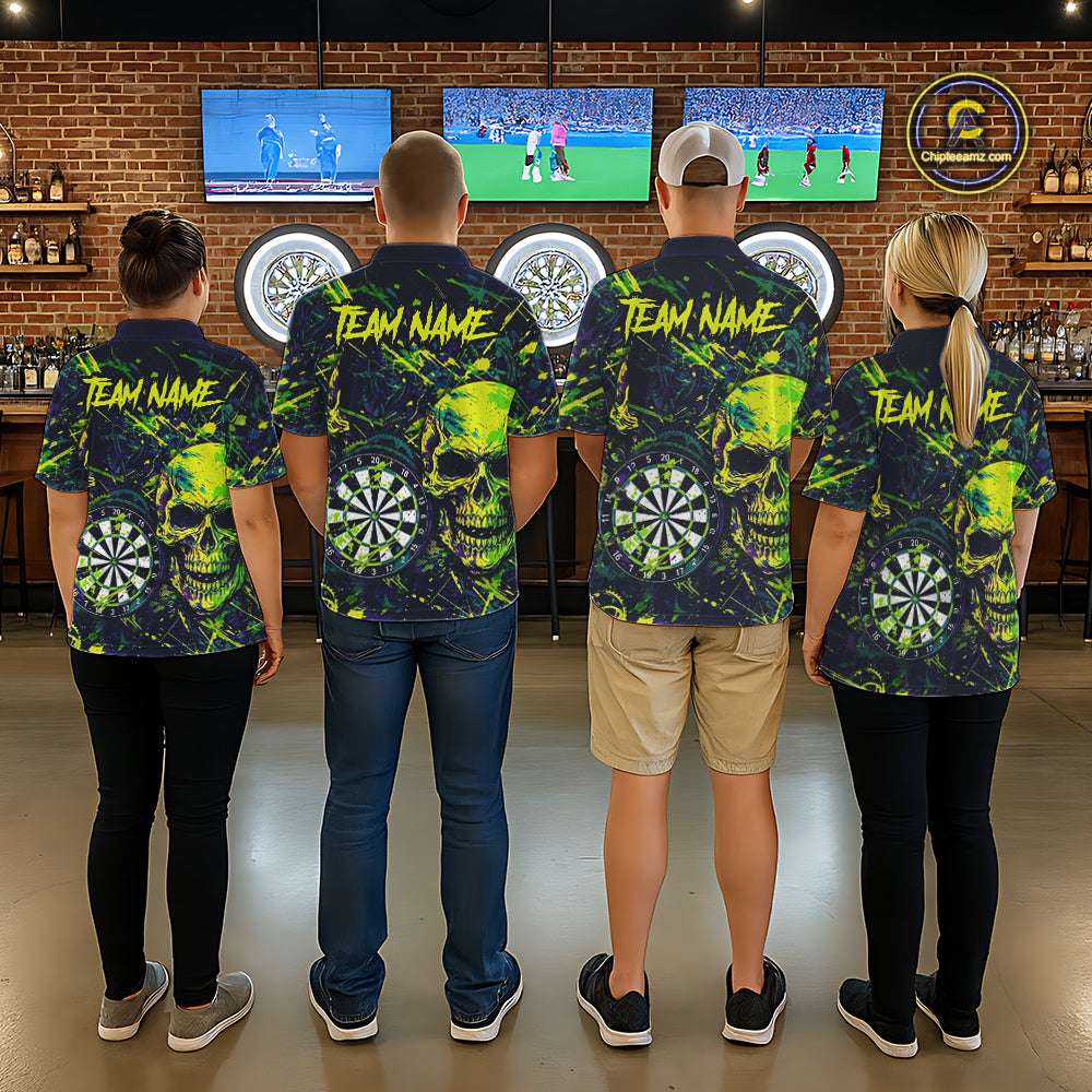 Grunge Blue Green Strike Horror Skull Mens Darts Shirt Personalized Splatter Dart Team Jerseys NYN3202