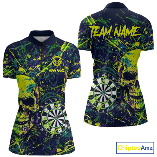 Grunge Blue Green Strike Horror Skull Womens Darts Shirt Personalized Splatter Dart Team Jerseys NYN3202
