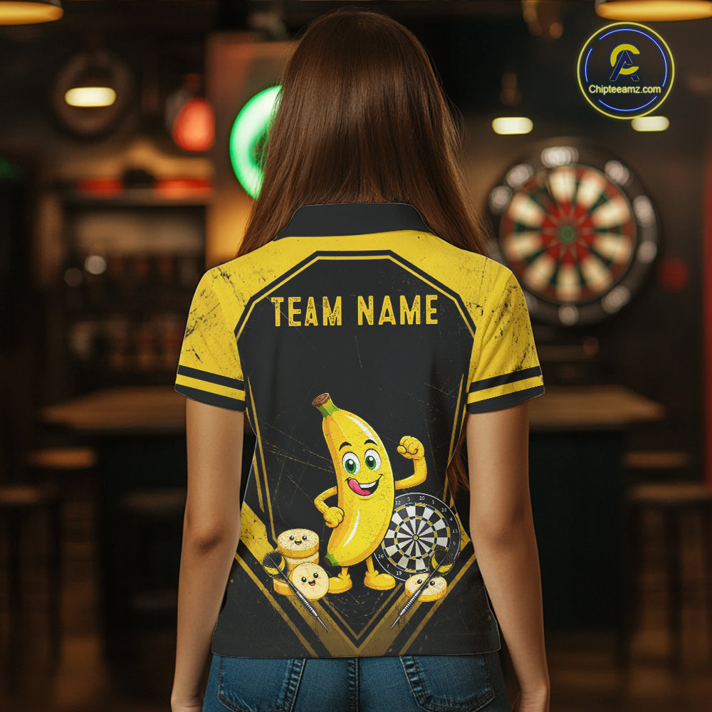Funny Banana Mascot Black And Yellow Darts Jersey For Women Custom Polo & 1/4 Zip Darts Team Shirts NYN3206