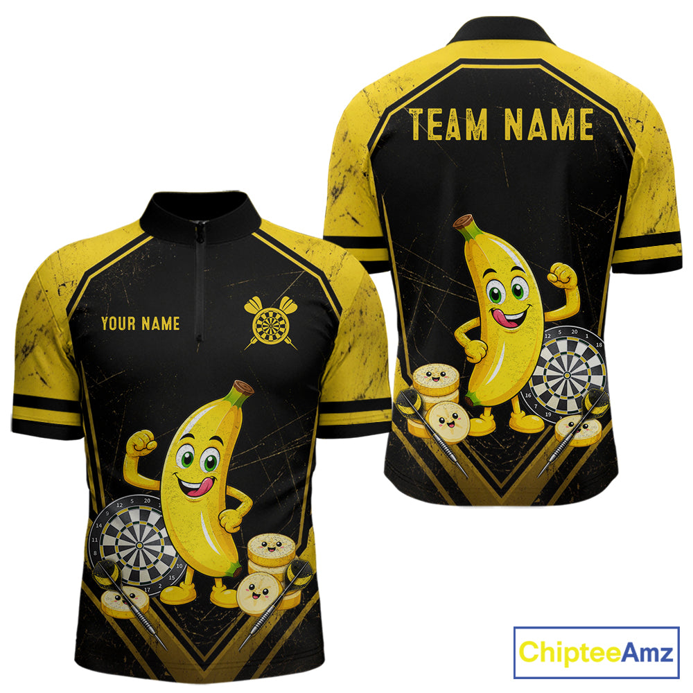 Funny Banana Mascot Black And Yellow Darts Jersey For Men Custom Polo & 1/4 Zip Darts Team Shirts NYN3206